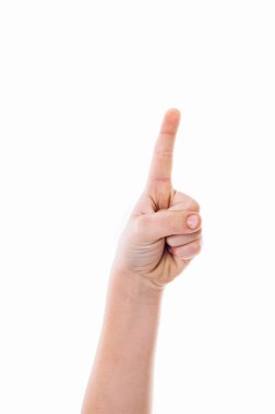Index finger touching screen isolated on white background. Hand simulating pressing a button or something else with index finger extended, isolated on a white background. Mans hand indicating index