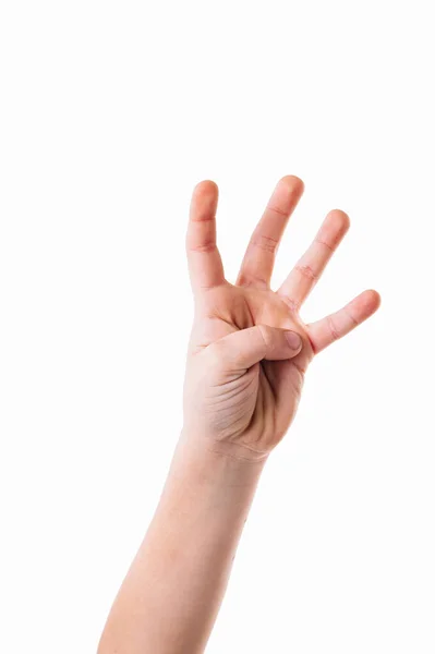 Close up of a hand from a man counting four. hand counting - four fingers of kids hand isolated on white. Close up of hand of young caucasian man over isolated background counting number 4 showing — 图库照片