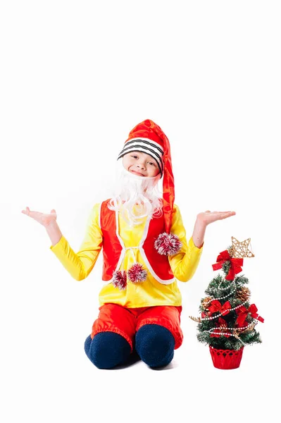 A baby dressed as a elf. isolated. Santas helper. boy in suit of dwarf or elf — Stock Photo, Image