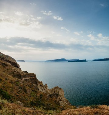 Santorini Adası, Yunanistan. Güzel yaz manzarası, deniz manzarası.