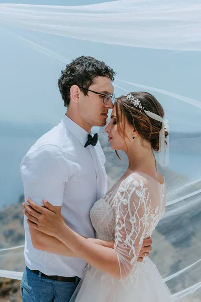 Hermosa novia y novio abrazos y besos bajo el velo nupcial en su día de la boda de verano en la isla griega Santorini —  Fotos de Stock
