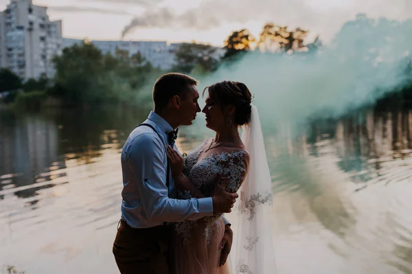 Novia y novio con las bombas de humo de color azul y amarillo en el parque de verano. La novia y el novio con el humo de color en el fondo del bosque de verano. Pareja de boda corre humo de color en el —  Fotos de Stock