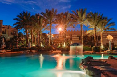 Mısır 'daki güzel yüzme havuzu ve palmiye ağaçlarının gece manzarası