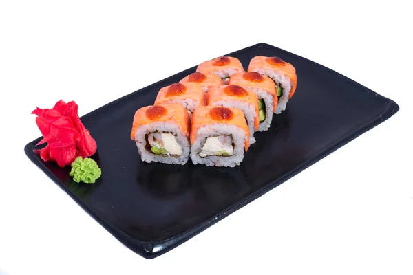 Cozinha Japonesa - Sushi Roll com Camarões e Conger, Abacate, Tobiko e Queijo. sushi rola tempura, estilo de comida japonesa, cozinha tradicional japonesa, Crunchy Shrimp Tempura Roll — Fotografia de Stock