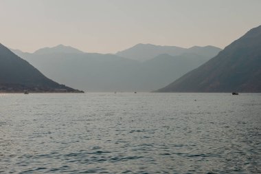 Gün batımı, ağaç siluetleriyle güzel bir manzara. Seyahat konsepti. Karadağ, Kotor Körfezi. Kotor Bay Montenegro 'da günbatımı. Karadağ 'ın Boko-Kotor Körfezi' nde günbatımı manzarası. Siluetler
