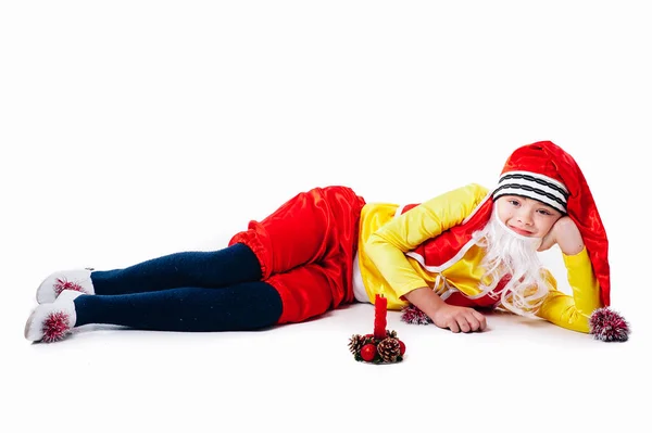 Dítě převlečené za elfa. izolované. Santas pomocník. chlapec v skafandru trpaslíka nebo elfa — Stock fotografie