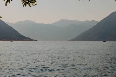 Gün batımı, ağaç siluetleriyle güzel bir manzara. Seyahat konsepti. Karadağ, Kotor Körfezi. Kotor Bay Montenegro 'da günbatımı. Karadağ 'ın Boko-Kotor Körfezi' nde günbatımı manzarası. Siluetler