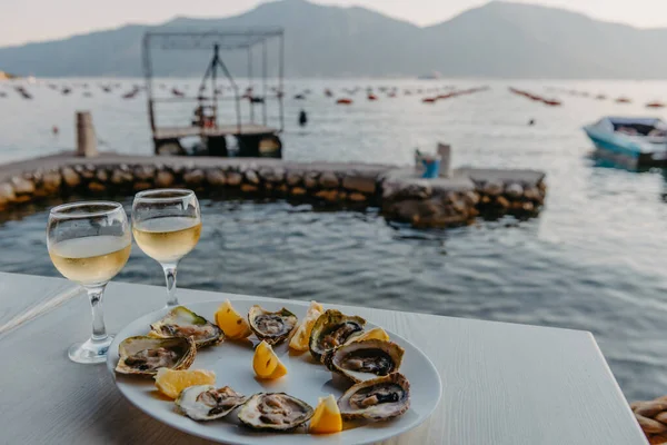 Tabakta taze yakalanmış istiridye ve asma bardakları. Karadağ 'daki istiridye çiftliği yakınlarındaki Kotor Körfezi kıyısında bir restoran. Deniz ürünleri. İstiridye çiftliği ve dağlarıyla güzel bir deniz manzarası, Adriyatik — Stok fotoğraf