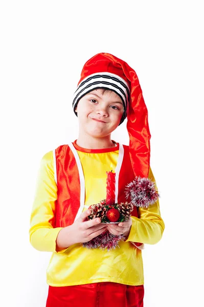 A baby dressed as a elf. isolated. Santas helper. boy in suit of dwarf or elf — Stock Photo, Image