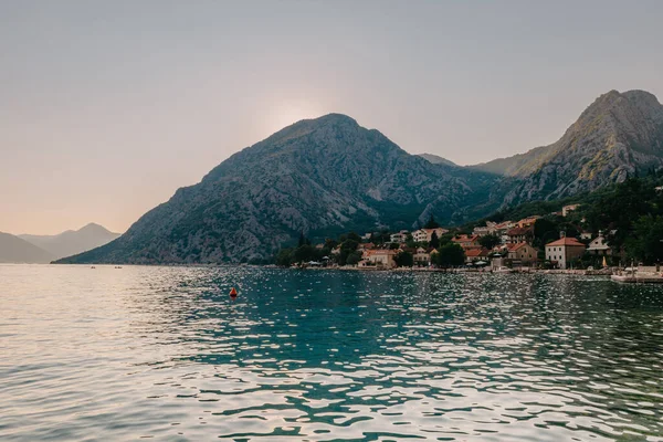 Gün batımı, ağaç siluetleriyle güzel bir manzara. Seyahat konsepti. Karadağ, Kotor Körfezi. Kotor Bay Montenegro 'da günbatımı. Karadağ 'ın Boko-Kotor Körfezi' nde günbatımı manzarası. Siluetler