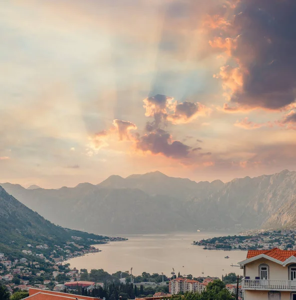 Sunset Beautiful Landscape Silhouettes Trees Travel Concept Montenegro Kotor Bay — 图库照片