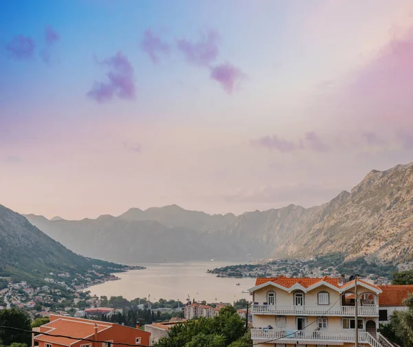 Sunset Beautiful Landscape Silhouettes Trees Travel Concept Montenegro Kotor Bay — Stock Photo, Image