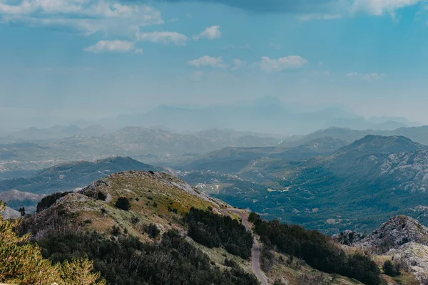 Panoramic View Idyllic Mountain Scenery Alps Fresh Green Meadows Bloom — стокове фото