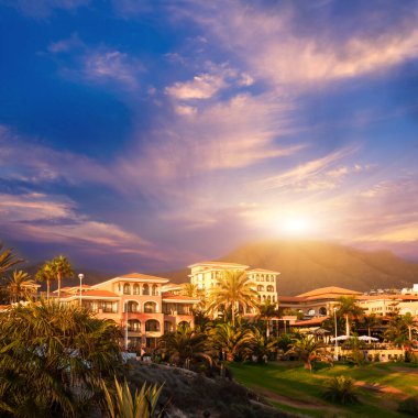 Sunset in Tenerife island, Spain. Tourist Resort.