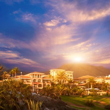 Sunset in Tenerife island, Spain. Tourist Resort.