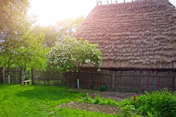Typická Ukrajinská Krajina Jaře Nebo Létě Bílá Hliněná Chata Slaměnou — Stock fotografie