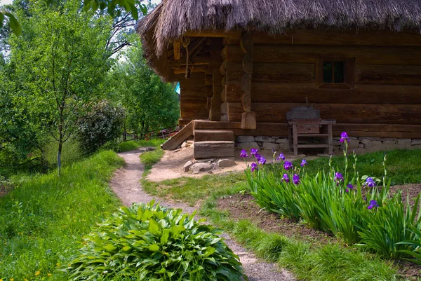 Uma Paisagem Típica Ucraniana Primavera Verão Cabana Barro Branco Com — Fotografia de Stock