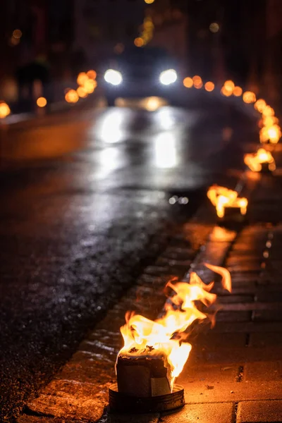 Street Lit Small Fires — стоковое фото