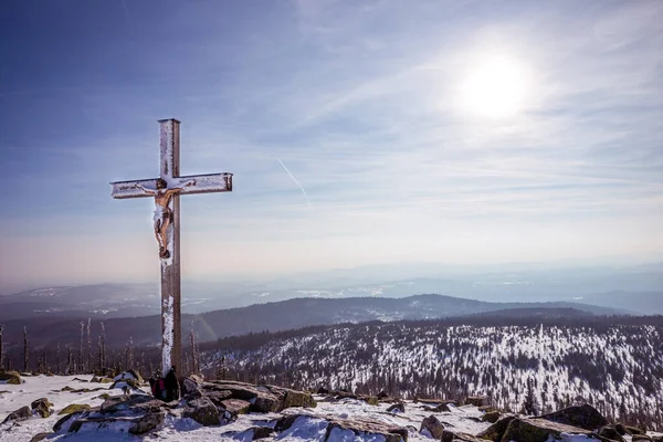 Summit Cross Lusen Bavarian Forest Winter Sun — Zdjęcie stockowe