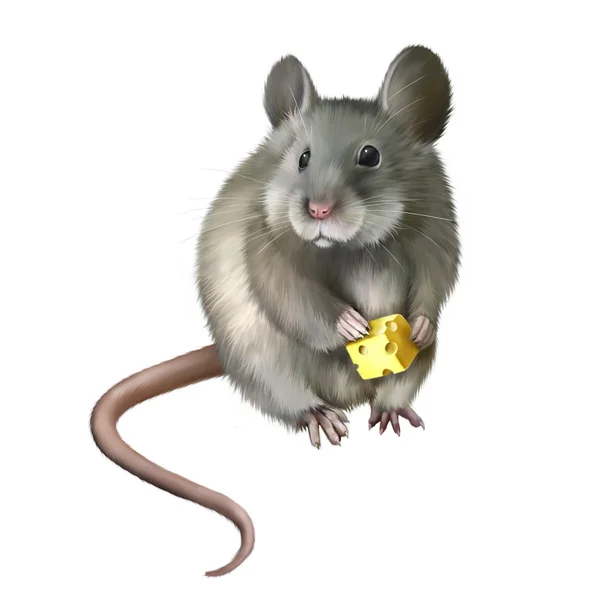 Домашня мишка, що їсть шматочок сиру — стокове фото
