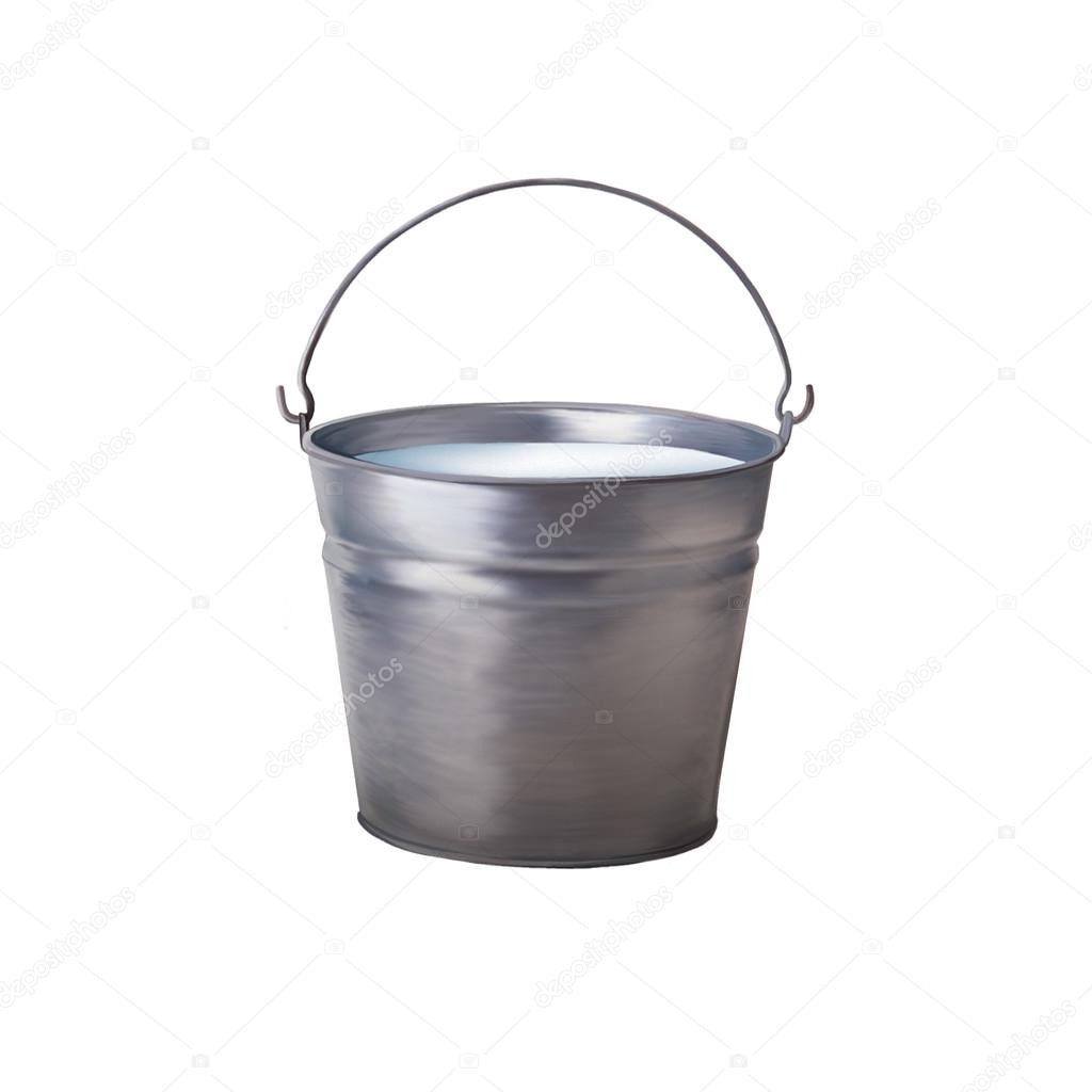 Metallic bucket with milk isolated on white background