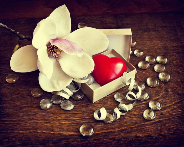 Fundo romântico com flores de magnólia e pouco coração vermelho — Fotografia de Stock