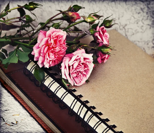 Rose, vecchi libri e carta fatta a mano — Foto Stock