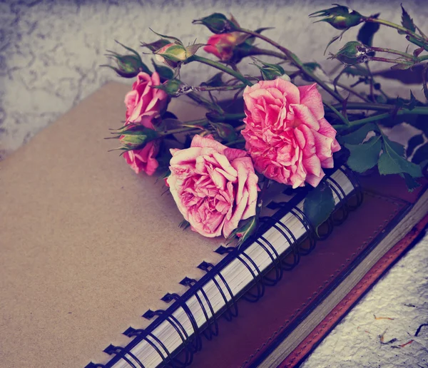 Roses, vieux livres et papier fait main — Photo