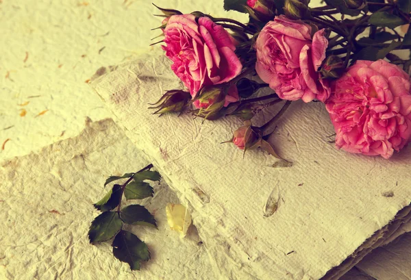 Trandafiri roz, petale și hârtie realizată manual — Fotografie, imagine de stoc