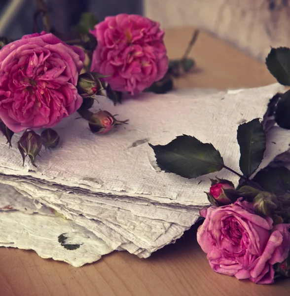 Rose rosa, petali e carta fatta a mano — Foto Stock