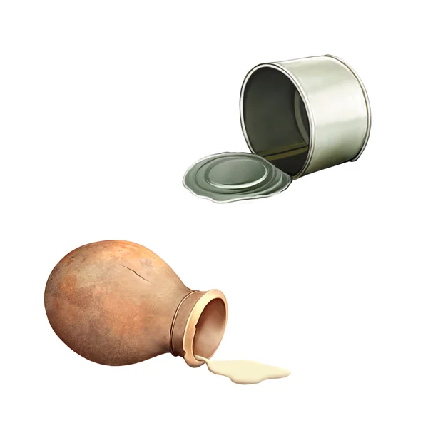 Old ceramic crock and tin can — Stock Photo, Image