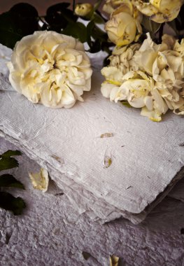 Beyaz gül ve el yapımı kağıt