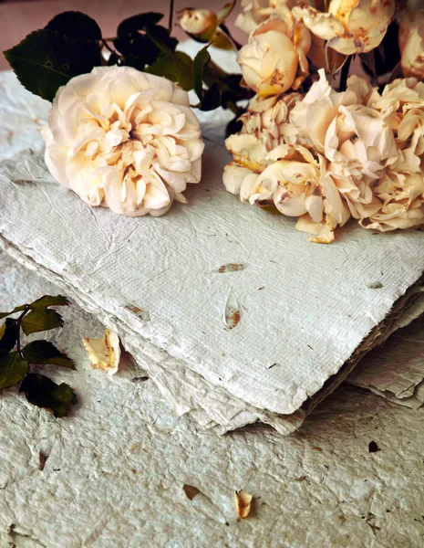 Białe róże i papieru czerpanego — Zdjęcie stockowe
