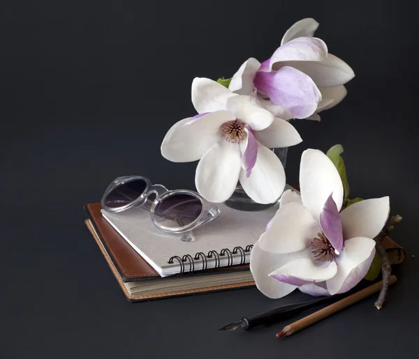 Magnolia blommor med solglasögon och gammal bok — Stockfoto