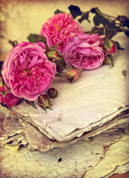 Rosas rosadas y papel hecho a mano — Foto de Stock