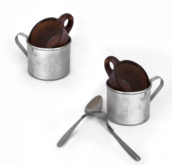 Ceramic handmade and metal cups — Stock Photo, Image