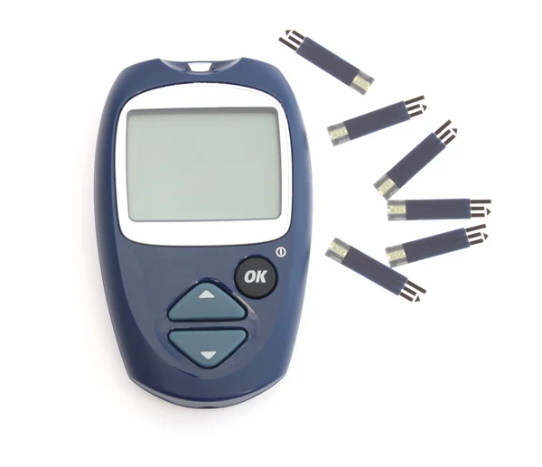 Glucometer e as tiras de ensaio — Fotografia de Stock