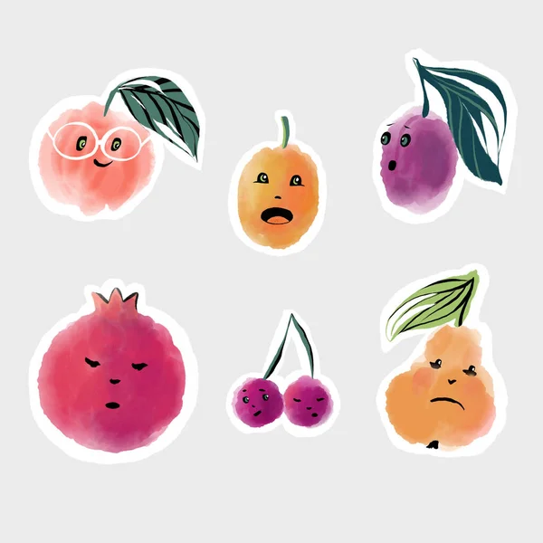 Set of funny stickers fruit cherry, plum, apple, pear, apricot, pomegranate — Stock Photo, Image
