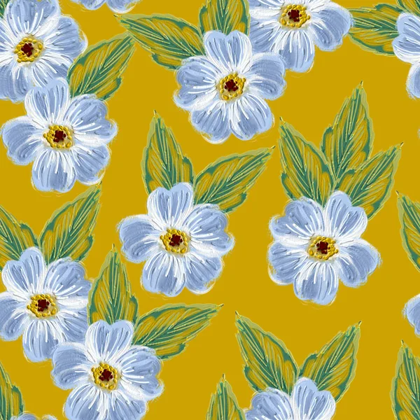 黄色の背景に野生の青い花とシームレスなパターン — ストック写真