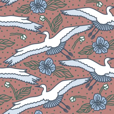 Soyut bulutlar, uçan turnalar, bulutlu gökyüzü, kuşlar ve çiçeklerle kusursuz bir desen.