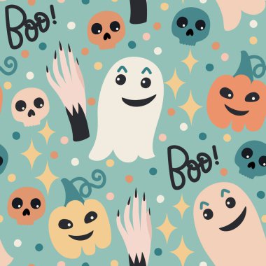 Cadılar bayramı temasında hayaletler, balkabakları ve kafataslarıyla kusursuz desen