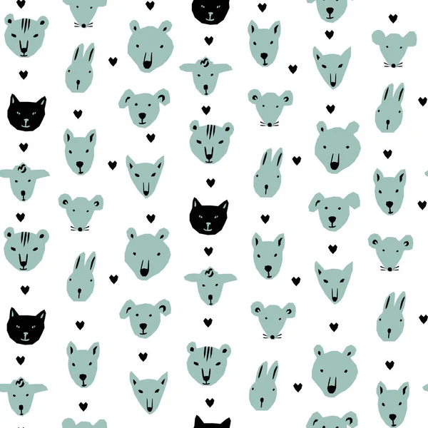 Vector seamless pattern in geometric style with funny animal faces — Stock Vector