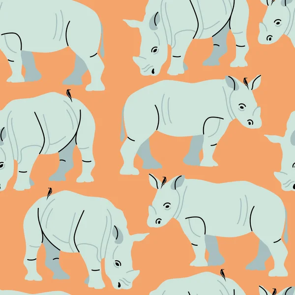 非洲犀牛与候鸟的病媒无缝模式 — 图库矢量图片