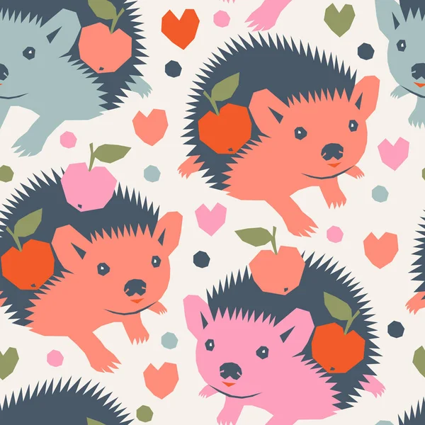 Vector seamless pattern with cute funny hedgehogs carrying apples — Stock Vector