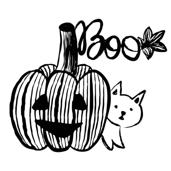 南瓜和猫万圣节黑白插图 — 图库矢量图片