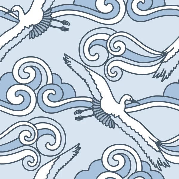 Векторний безшовний візерунок з абстрактними хвилями хмар та літаючих кранів Хмарне небо та птахи — стоковий вектор