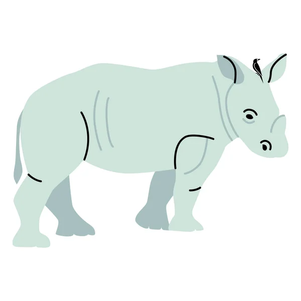 非洲犀牛图解犀牛与一只坐着的鸟 — 图库矢量图片