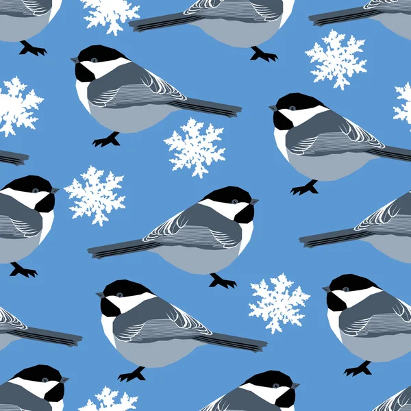 Διάνυσμα Απρόσκοπτη Μοτίβο Πουλιά Titmouses Και Νιφάδες Χιονιού Μπλε Φόντο — Διανυσματικό Αρχείο