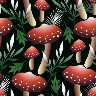 Amanita mantarları ve orman bitkileriyle kusursuz vektör deseni.
