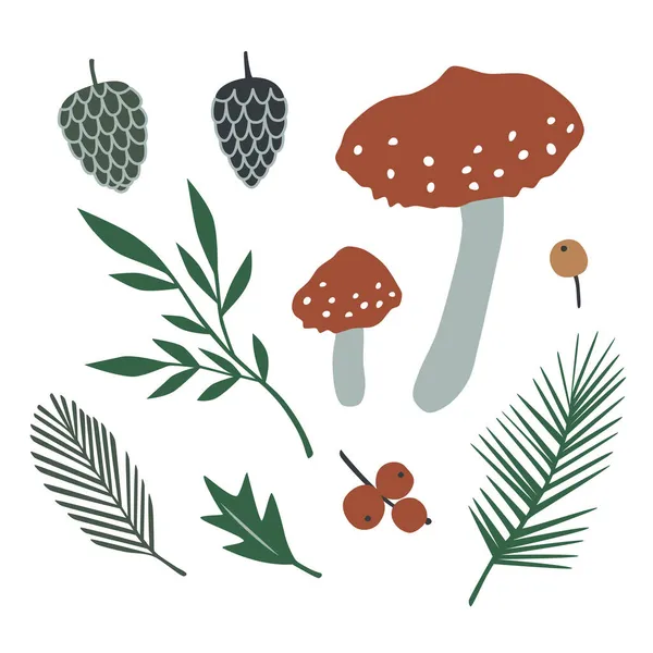 Векторная коллекция с грибами аманиты и лесными растениями — стоковый вектор